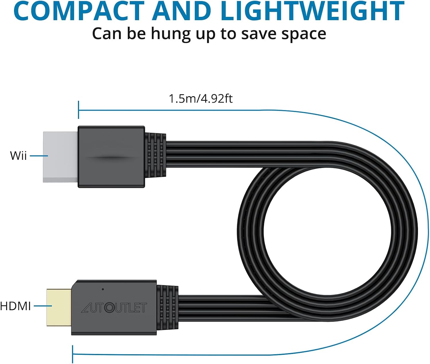 AUTOUTLET Wii to HDMI Converter 1080P 5ft/150 cm for Full HD Device, Adapter with HDMI Male Cable Output Compatible with Nintendo Wii, Wii U, HDTV, Monitor-Supports All Wii Display Modes
