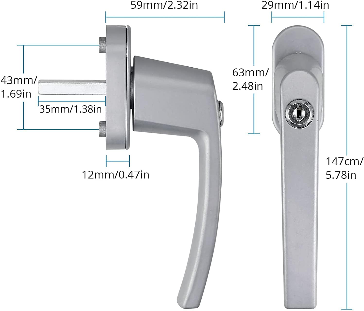 AUTOUTLET Fenstergriff Aluminium, 2 Stück abschließbar Sicherheitsfenstergriff Fensterschloss Kindersicherung mit Schloss in Stiftlänge 35mm, Gleichschließend Windows Balkontürgriff(grau)