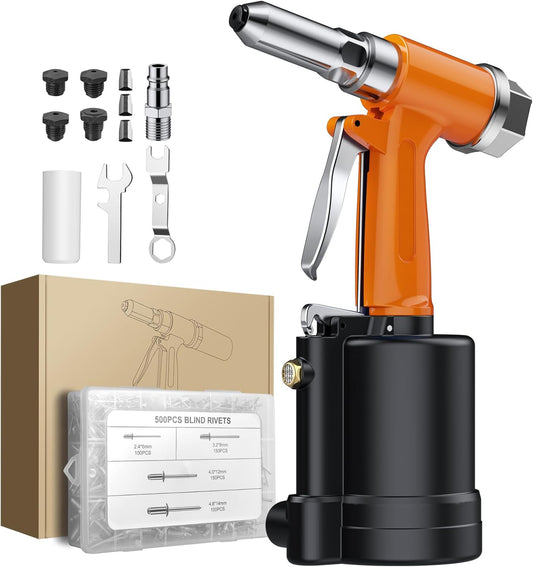 AUTOUTLET Druckluft Blindnietpistole Kit, Premium Nietpistole Werkzeug mit 4 Mundstücke (2,4mm 3,2mm 4,0mm 4,8mm) und 500PCS Nieten, Druckluft Nietenzange für Aluminium-, Eisen-, Edelstahlbleche