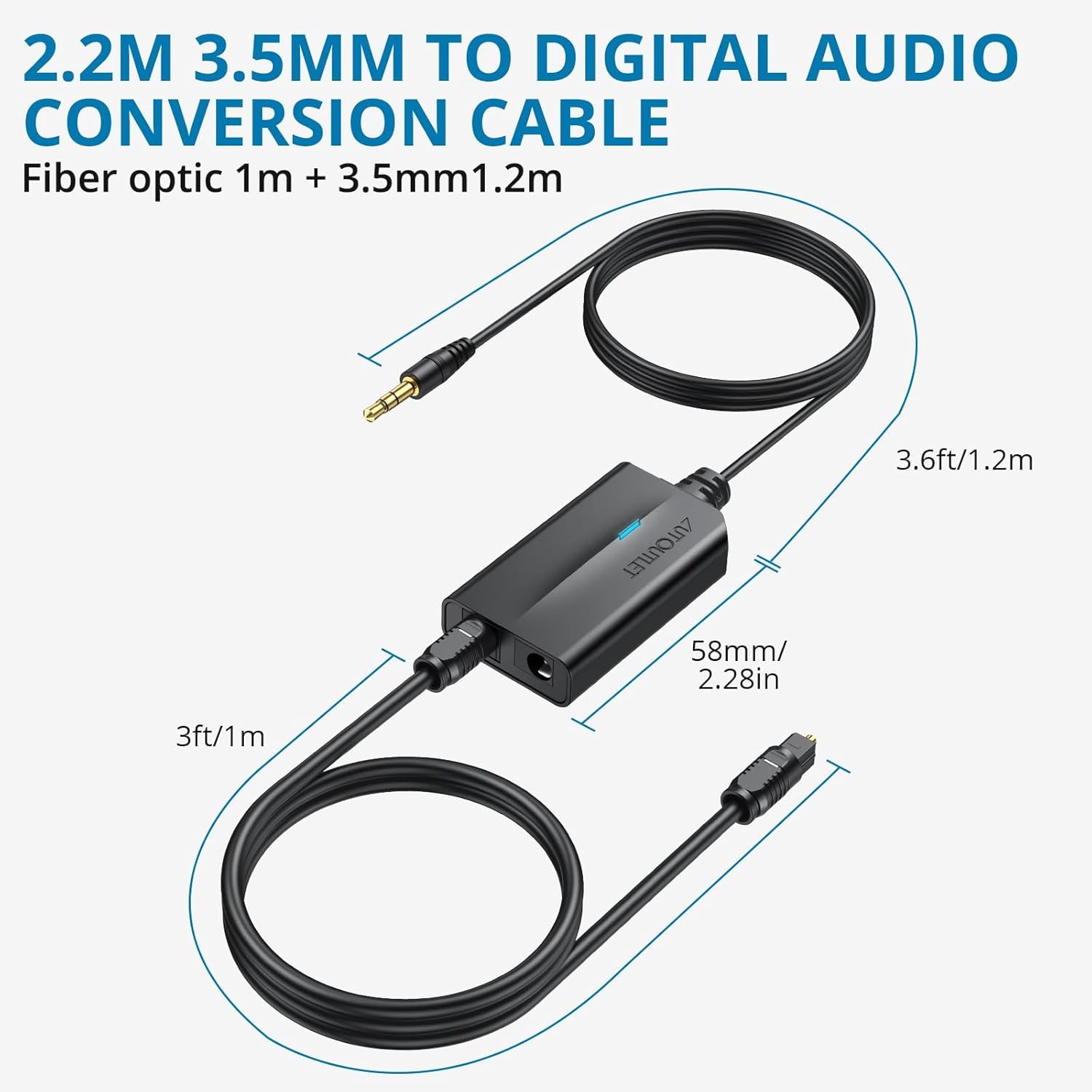AUTOUTLET 3.5mm to Optical Converter, 48Khz Audio Sample Rate, Supports Uncompressed 2-Way PCM Digital Audio Signal Output, Built-in 1.2m 3.5mm Cable, Suitable for Laptop, Computer, Projector, etc