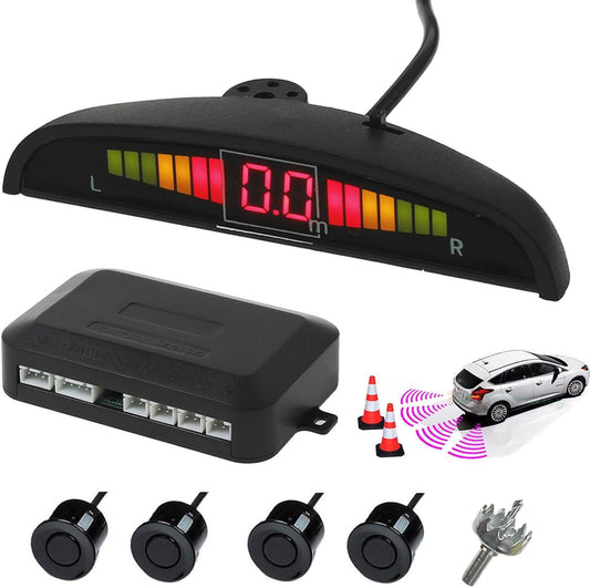 AUTOUTLET Rear Reversing Car Parking Sensors 4 Sensors Kit Audio Buzzer Alarm LED Display, DC 12 V