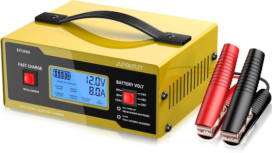 AUTOUTLET Upgraded 6/8/12/14/16/24V Battery Charger Automotive Smart Car Battery Charger and Trickle Maintainer 0-10A Fully Automatic with Cable Clamps