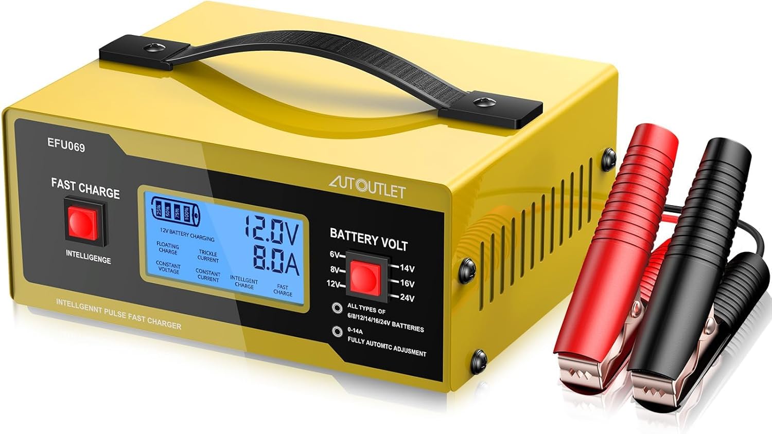 AUTOUTLET Upgraded 8 Volt Battery Charger for Golf Cart Automotive Battery Charger and Maintainer 0-10A with Cable Clamps for 6/8/12/14/16/24V Lead-Acid Batteries