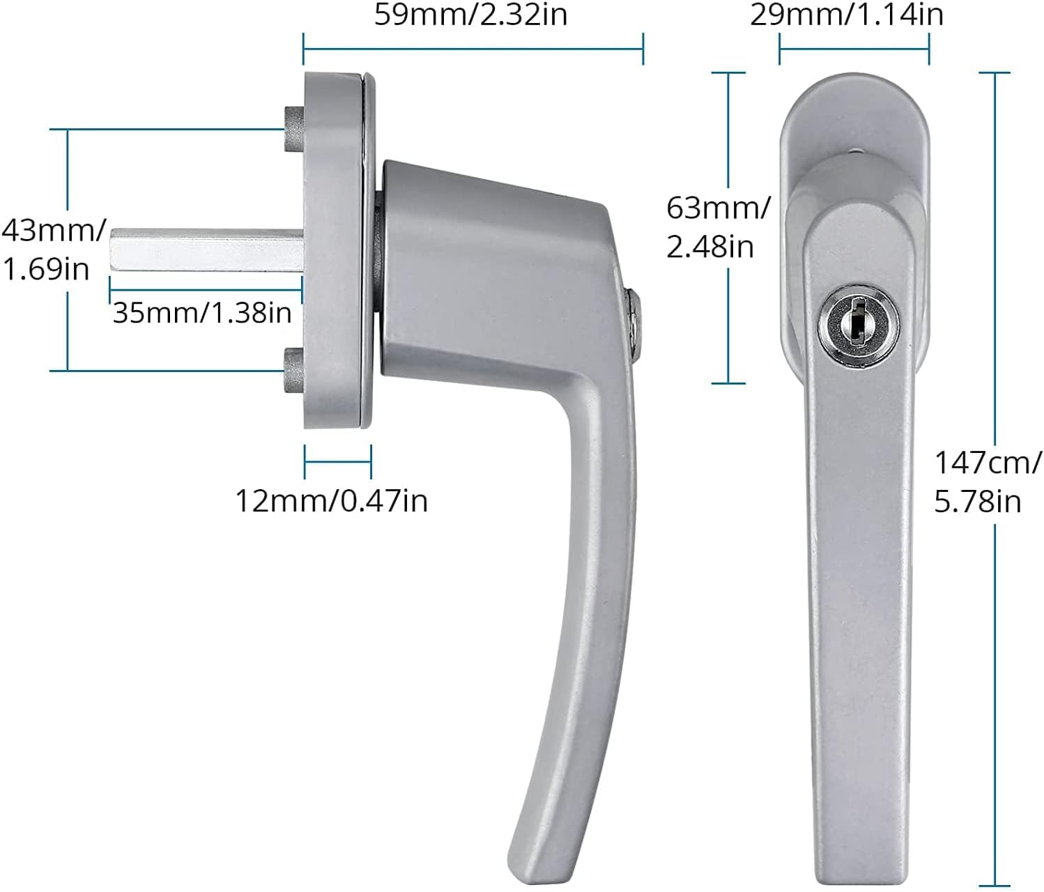 AUTOUTLET Fenstergriffe abschliessbar, 4 Stück Fenstergriff abschließbar Aluminium in Stiftlänge 35mm, Fenstersicherung Balkontürgriff kindersicherung mit Schlüsseln und Schrauben für Fenster (grau)