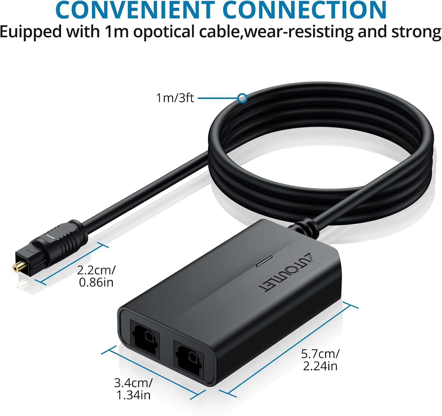 AUTOUTLET 1 in 2 Out Fiber Optic Splitter, Digital Optical Audio Splitter Supports PCM2.0, DTS, Dolby-AC3, Compatible with HDTV, PS4, Xbox & Home Theater Systems