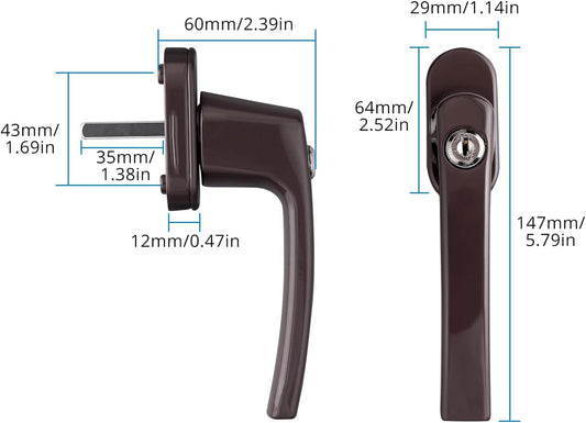 AUTOUTLET Fenstergriffe abschliessbar, 2 Stück Fenstergriff abschließbar Aluminium in Stiftlänge 35mm, Fenstersicherung Balkontürgriff kindersicherung mit Schlüsseln und Schrauben für Fenster (braun)