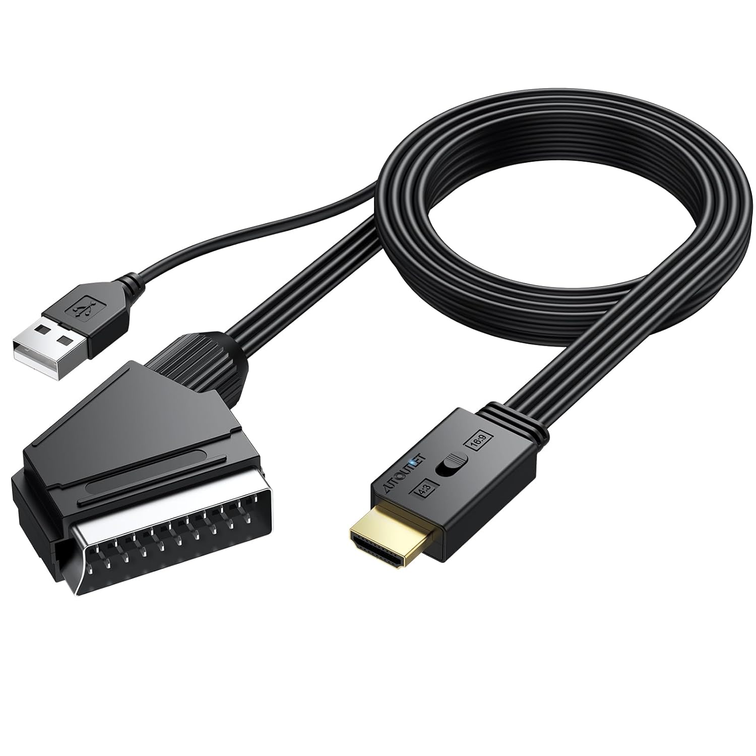 AUTOUTLET Scart auf HDMI Konverter, 1080P Scart auf HDMI Adapter unterstützt 16:9/4:3 Konvertierung, PAL/NTSC, Scart to HDMI mit 150cm Männlich-Scart-Kabel, Scart HDMI Adapter für HDTV VCR VHS DVD