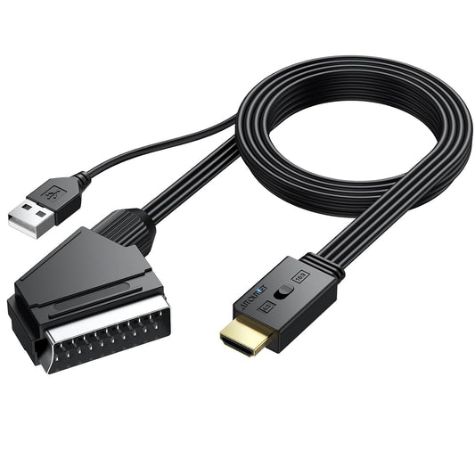 AUTOUTLET Scart auf HDMI Konverter, 1080P Scart auf HDMI Adapter unterstützt 16:9/4:3 Konvertierung, PAL/NTSC, Scart to HDMI mit 150cm Männlich-Scart-Kabel, Scart HDMI Adapter für HDTV VCR VHS DVD