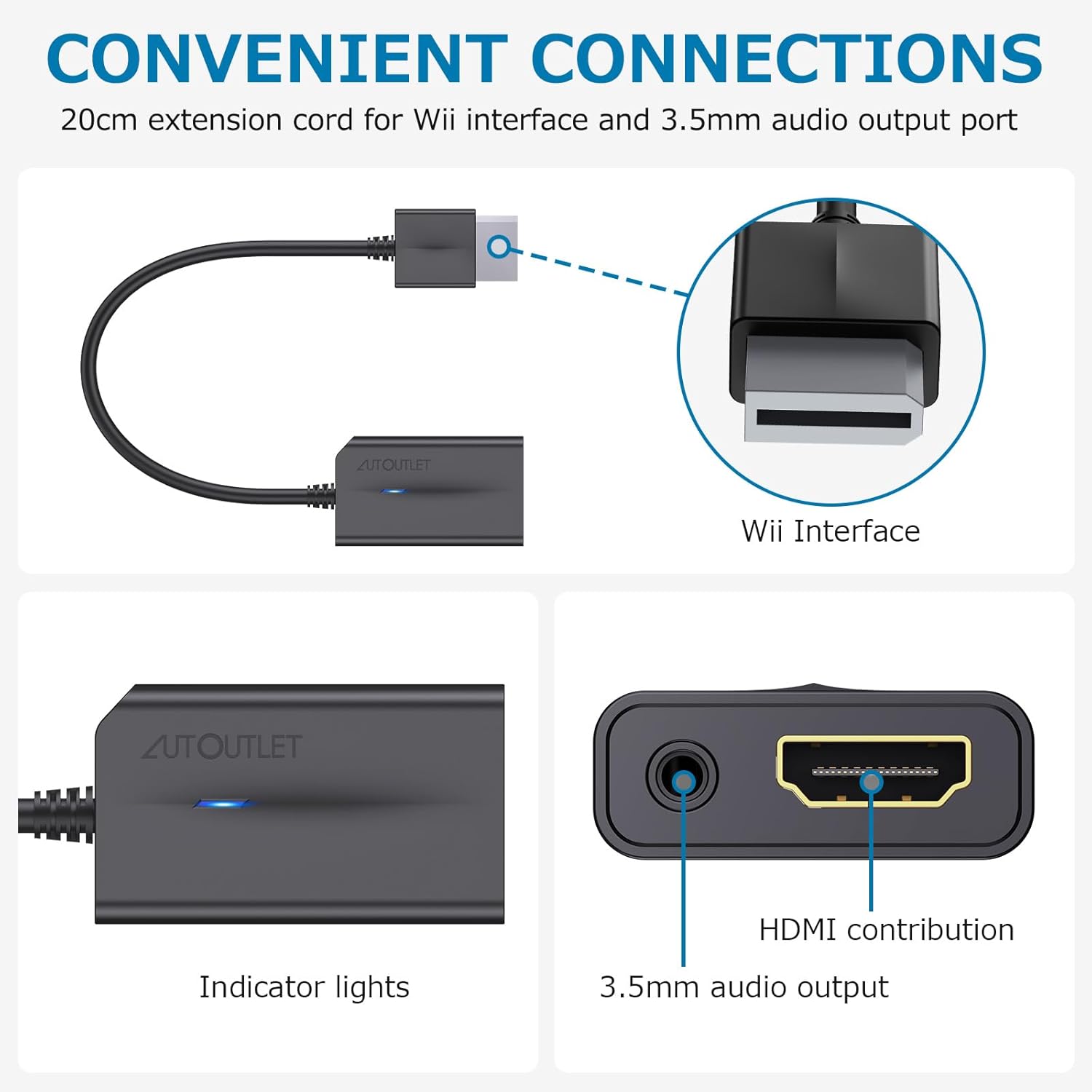 AUTOUTLET Wii Hdmi Converter Wii Adapter Hdmi Support 720P 1080P with 3.5MM Audio HD Video Output Adapter Compatible with Wii