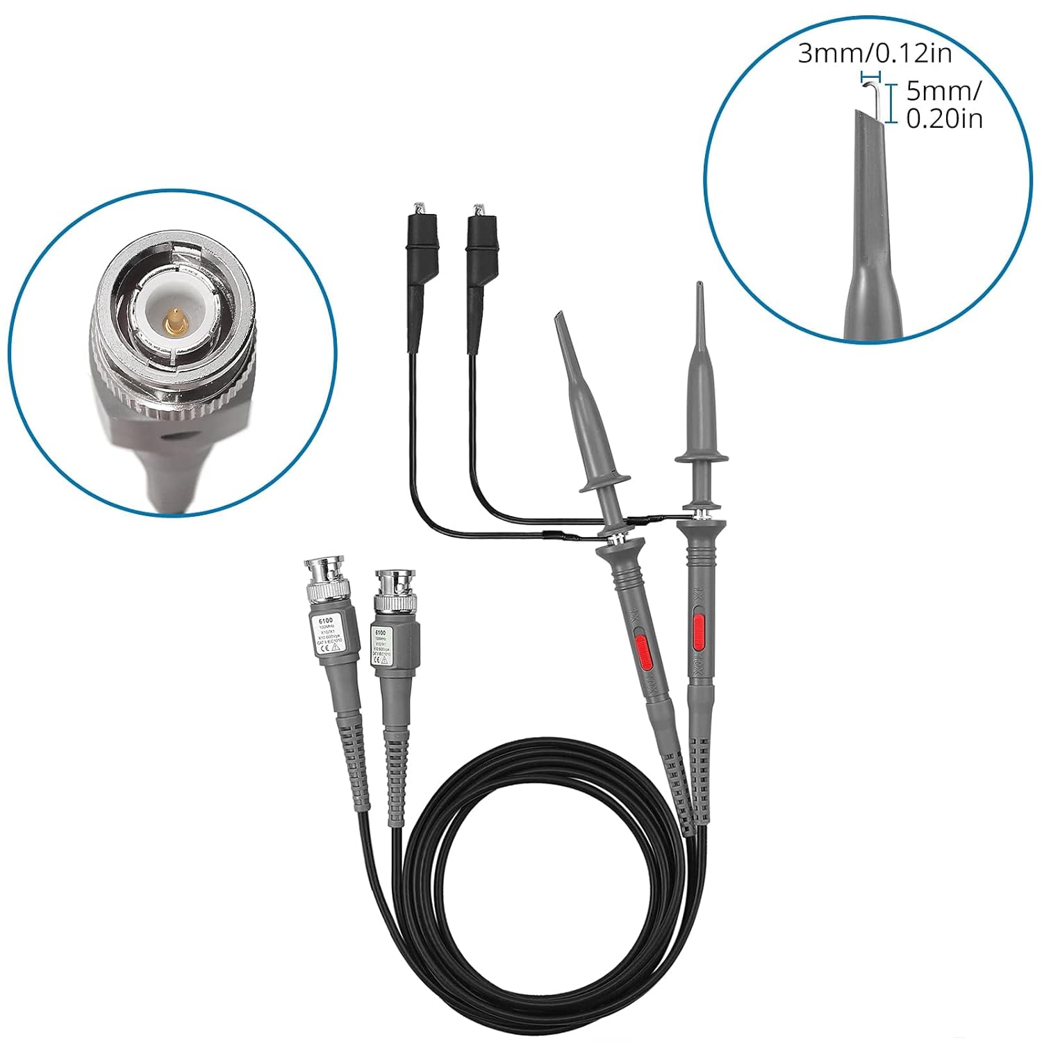 AUTOUTLET P6100 100MHz Oscilloscope Clip Probes with BNC to Minigrabber Test Lead Kit 2 Attenuation Options 1x 10x Universal Oscilloscope Probes Kit