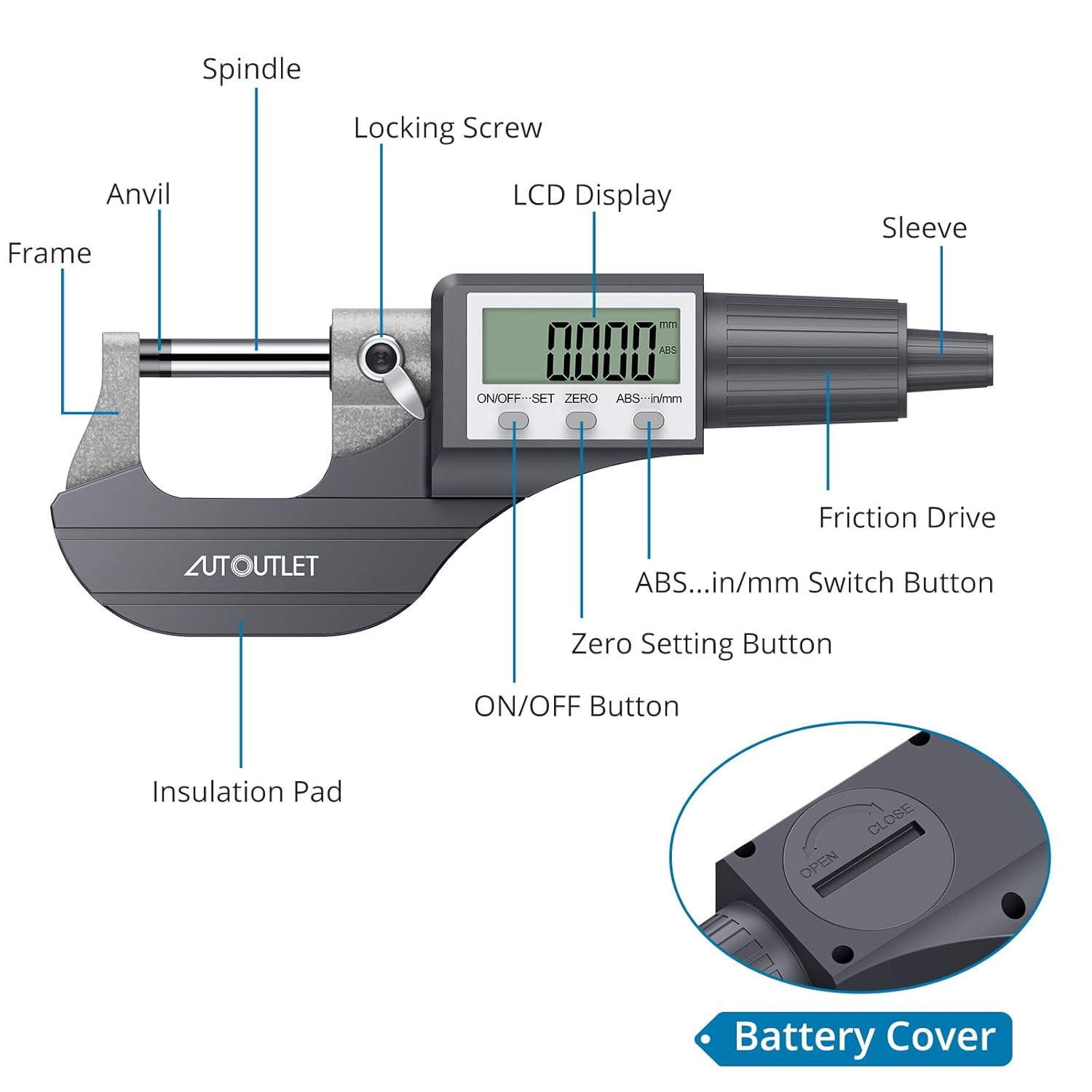 AUTOUTLET Micrometer Digitale Bügelmessschraube 0-25mm/ 0.001mm, Hohe Präzision LCD Digitale Mikrometer Mikrometerschieber Länge Messwerkzeug Mikrometer 0.001mm(0.00005")-Grau