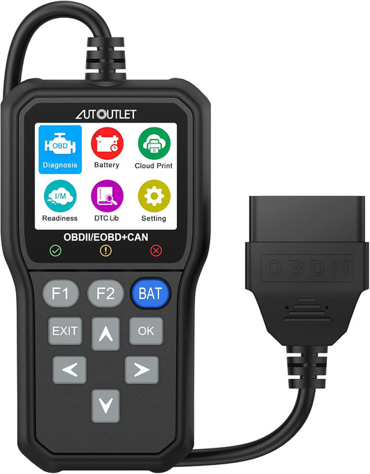 AUTOUTLET OBD2 Diagnosegerät, Unterstützt QR-Code-Scans & One Touch Batterietest-Taste, OBD EOBD Auto Diagnosegerät mit DTC-Definition, 10 Modi & 13 Sprachen, Farbbildschirm, Auto Motor Auslesegerät
