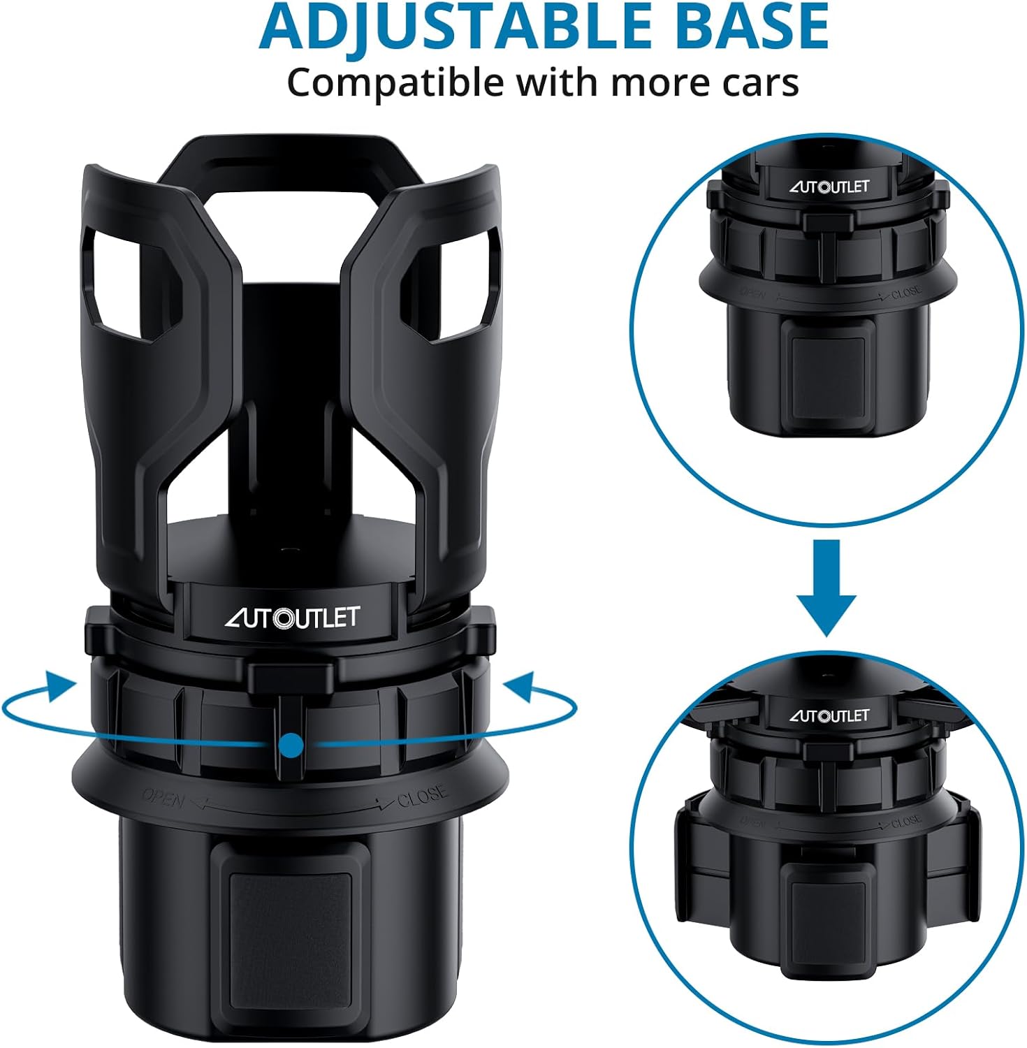 AUTOUTLET Versatile Round Cup Holder Expander ALL BLACK, Adjustable for Diameter 7.1-9.5 cm, Securely Holds Cups, Water Bottles, and Travel Mugs in Your Car