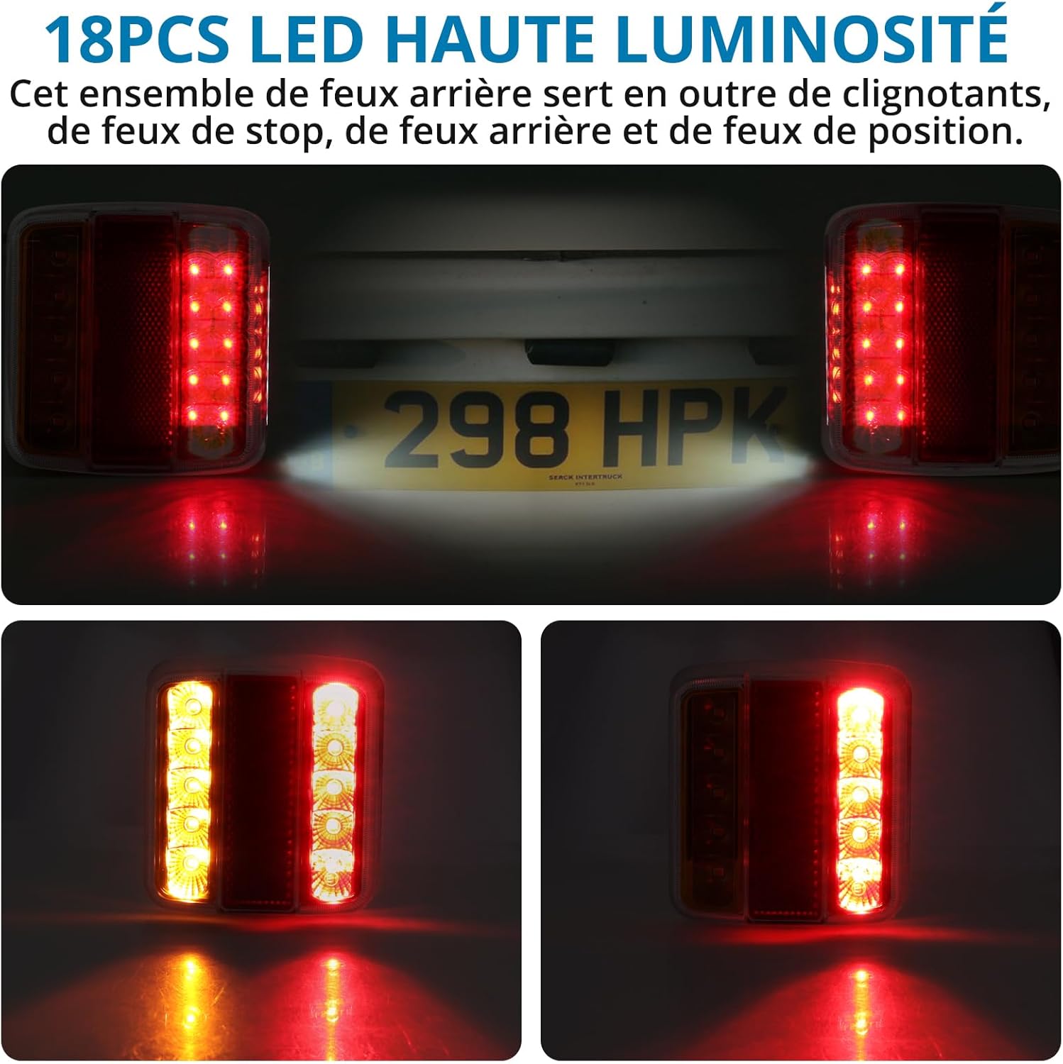 AUTOUTLET Feux Arrière Remorque Feux de Remorque Montage à Vis Câble de 7,5m 7 Broches 18 LEDs Super Claires avec E Mark E11 pour La Circulation Routière pour Camping-Car Camion Poids Lourd Tracteur