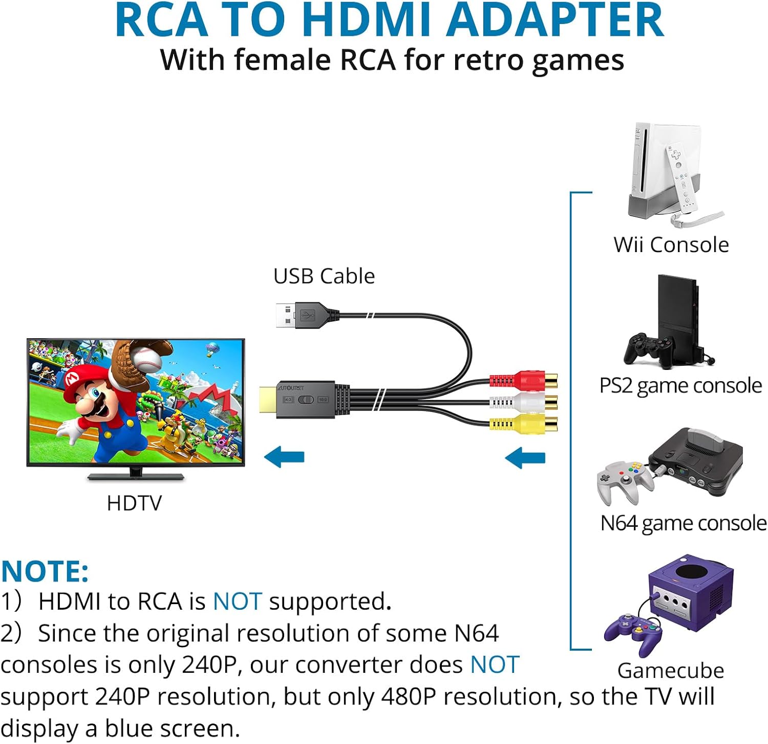 AUTOUTLET RCA to HDMI Converter 1080P/720P HD Conversion, Relive Your Childhood with Retro Games on Modern TVs, Built-in Cable, Instant Plug & Play for Wii, PSOne, PS2, N64 with 60cm Cable & HDMI Plug