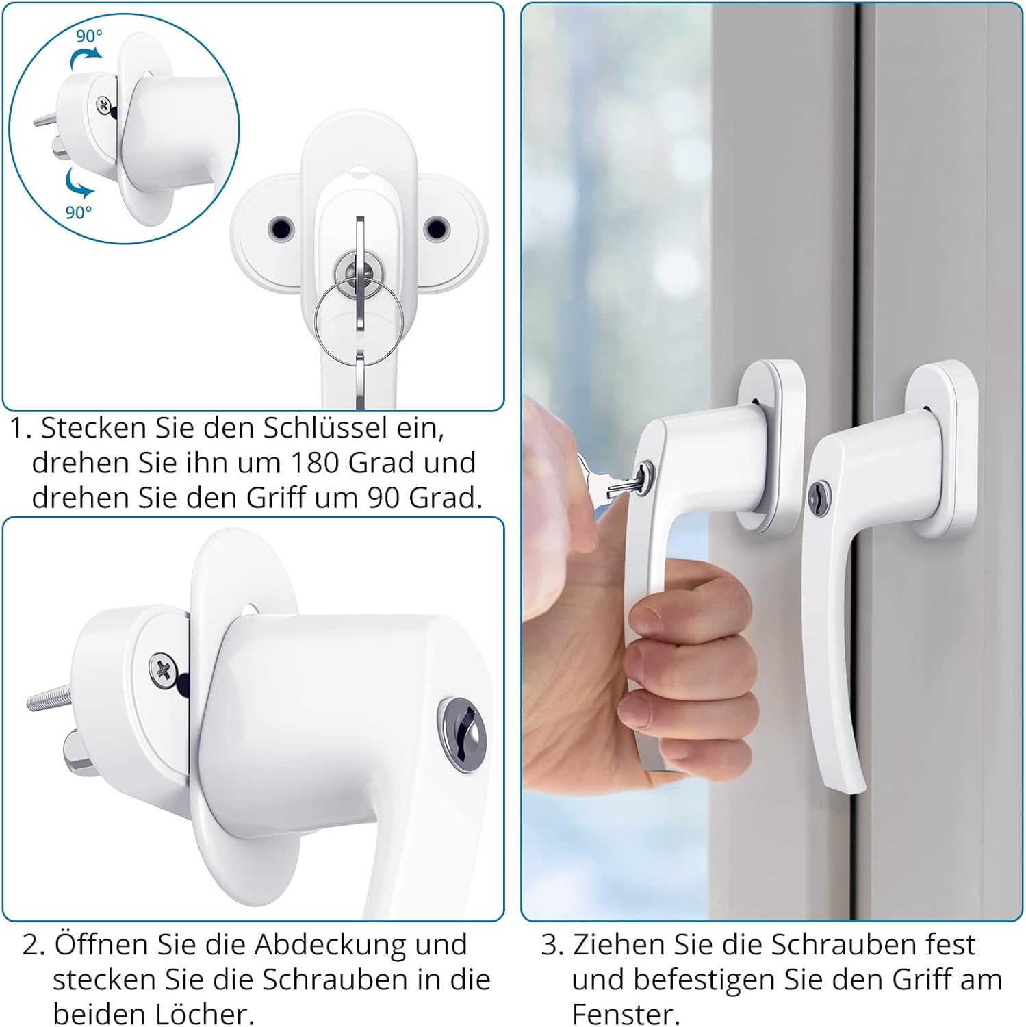 AUTOUTLET Fenstergriff Aluminium, 8 Stück abschließbar Sicherheitsfenstergriff Fensterschloss Kindersicherung mit Schloss in Stiftlänge 35mm, Gleichschließend Windows Balkontürgriff(weiß)