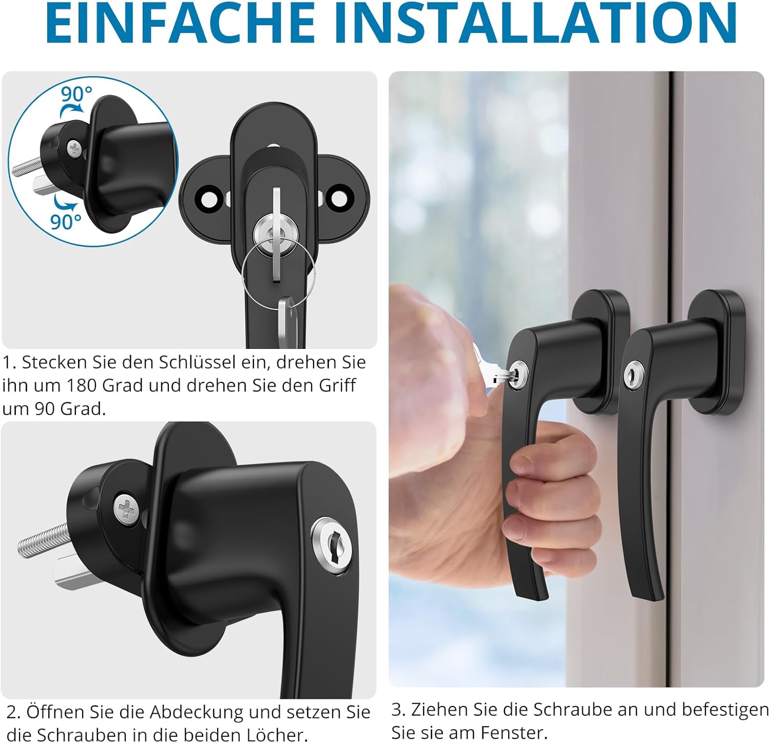 AUTOUTLET Fenstergriffe abschliessbar, 4 Stück Fenstergriff abschließbar Aluminium, Fensterschloss Fenstersicherung Kindersicherung Balkontürgriff mit Schloss in Stiftlänge 35mm für Fenster (schwarz)