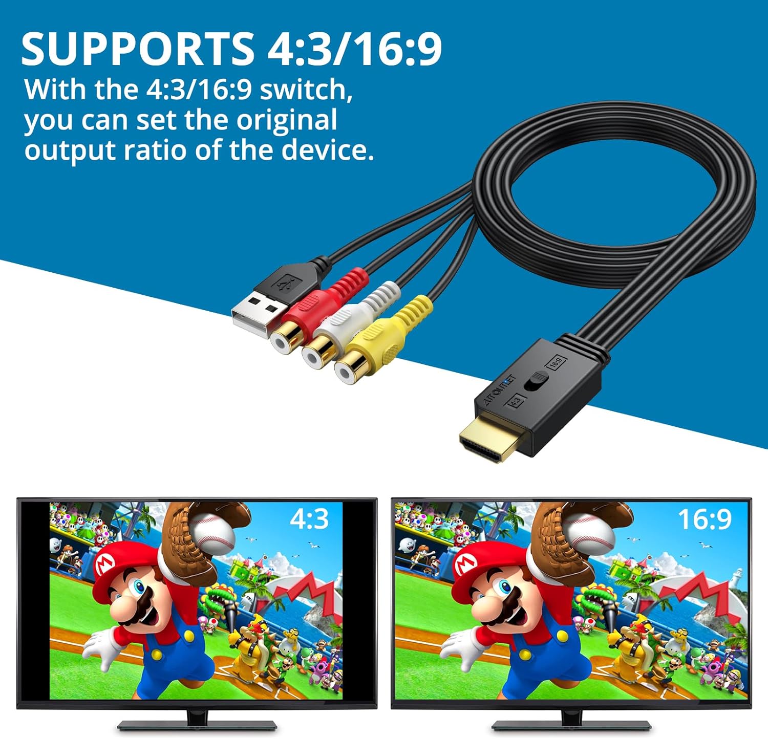 AUTOUTLET RCA to HDMI Converter 1080P/720P HD Conversion, Relive Your Childhood with Retro Games on Modern TVs, Built-in Cable, Instant Plug & Play for Wii, PSOne, PS2, N64 with 60cm Cable & HDMI Plug