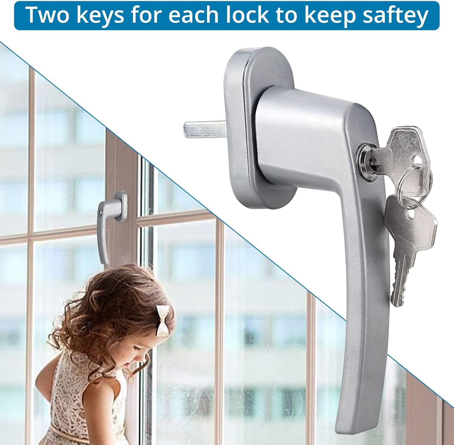 AUTOUTLET Fenstergriffe abschliessbar, 4 Stück Fenstergriff abschließbar Aluminium in Stiftlänge 35mm, Fenstersicherung Balkontürgriff kindersicherung mit Schlüsseln und Schrauben für Fenster (grau)