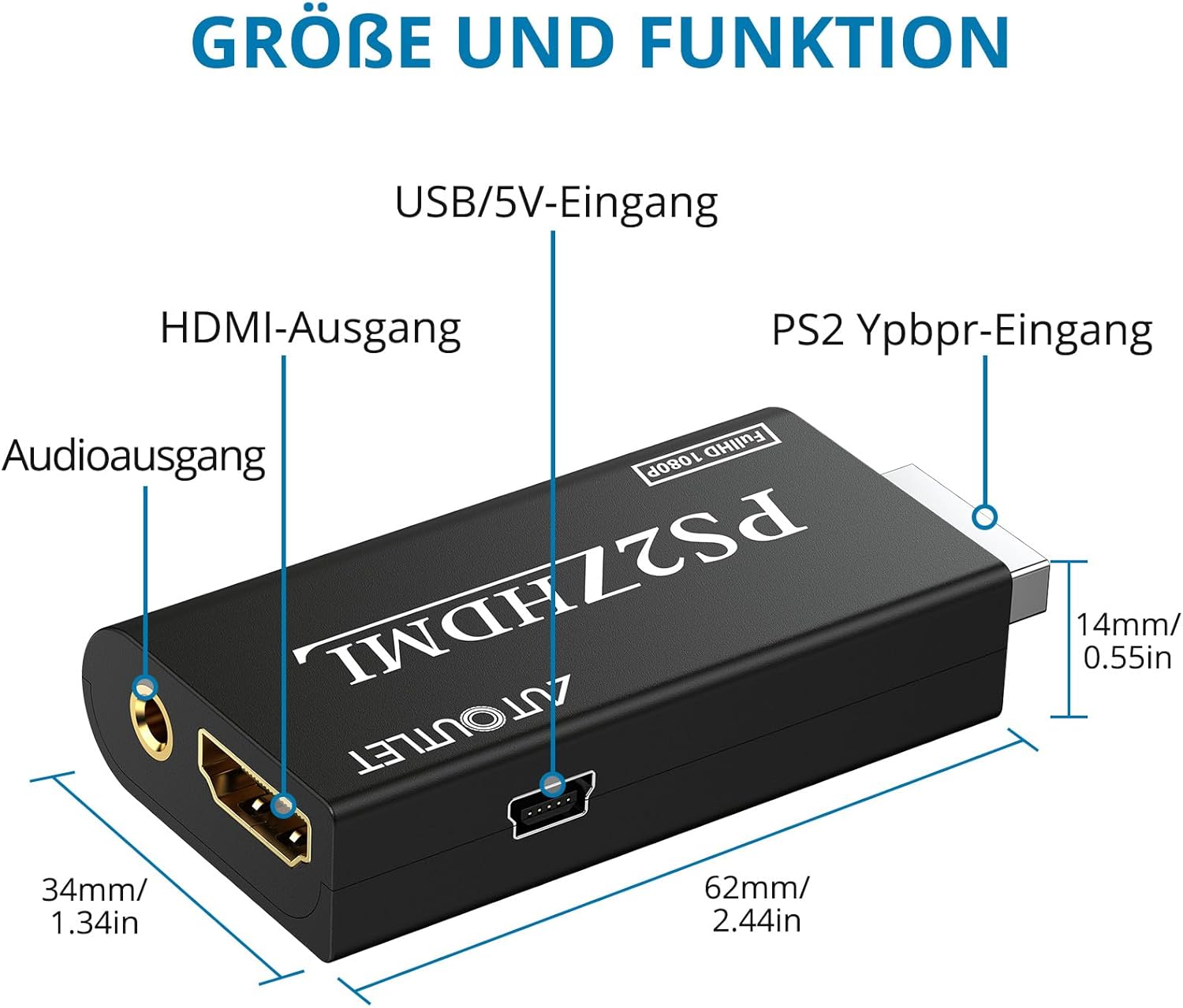 AUTOUTLET PS2 zu HDMI Konverter, PS2 zu HDMI Adapter Konverter PS2 auf HDMI Konverter mit 3,5 mm Kopfhörer Audio Buchse und 1,5m HDMI Kabel, für PS2 HDTV HDMI Monitor