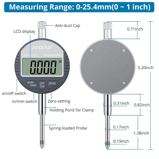 AUTOUTLET Digitale Messuhr und Magnetstativ mit Zentralklemmung 40cm 176lbs/80kg Maximale Zugkraft, Messtaster 0-25.4mm/1'' Messbereich Zoll/Metrische Umrechnung, Magnet Messstativ und Messuhr im SET