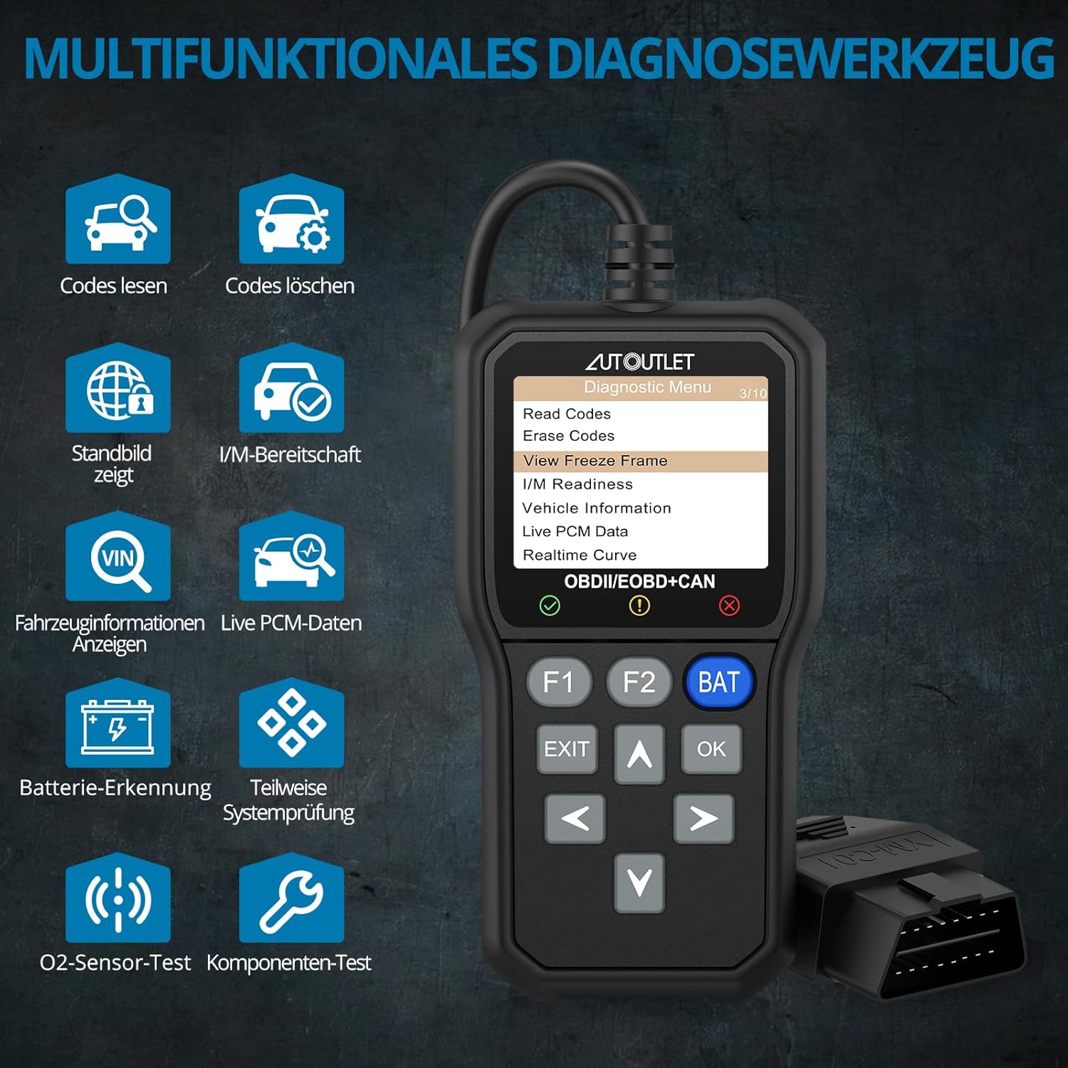 AUTOUTLET OBD2 Diagnosegerät, Unterstützt QR-Code-Scans & One Touch Batterietest-Taste, OBD EOBD Auto Diagnosegerät mit DTC-Definition, 10 Modi & 13 Sprachen, Farbbildschirm, Auto Motor Auslesegerät