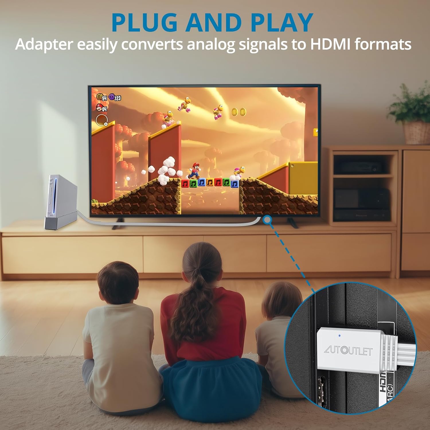 AUTOUTLET Wii to HDMI Converter 1080P 5ft/150cm for Full HD Device, Adapter with HDMI Male Cable Output Compatible with Nintendo Wii, Wii U, HDTV, Monitor-Supports All Wii Display Modes