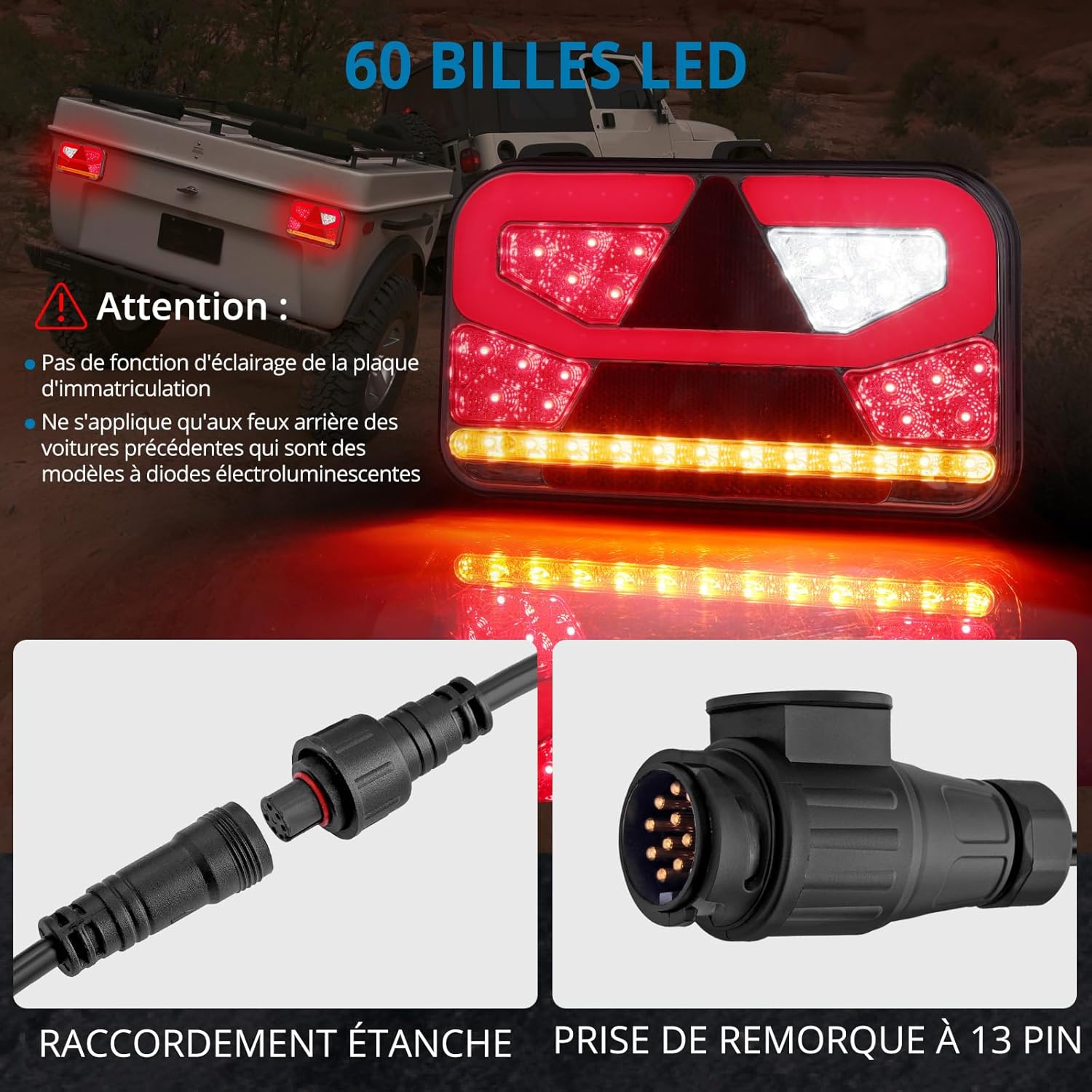 AUTOUTLET Lot de 60 feux arrière de remorque - Éclairage LED 13 broches - Câble amovible de 5 m et 5 fonctions - Éclairage de remorque de voiture et camion - Certifié E11 (pas d'éclairage de plaque