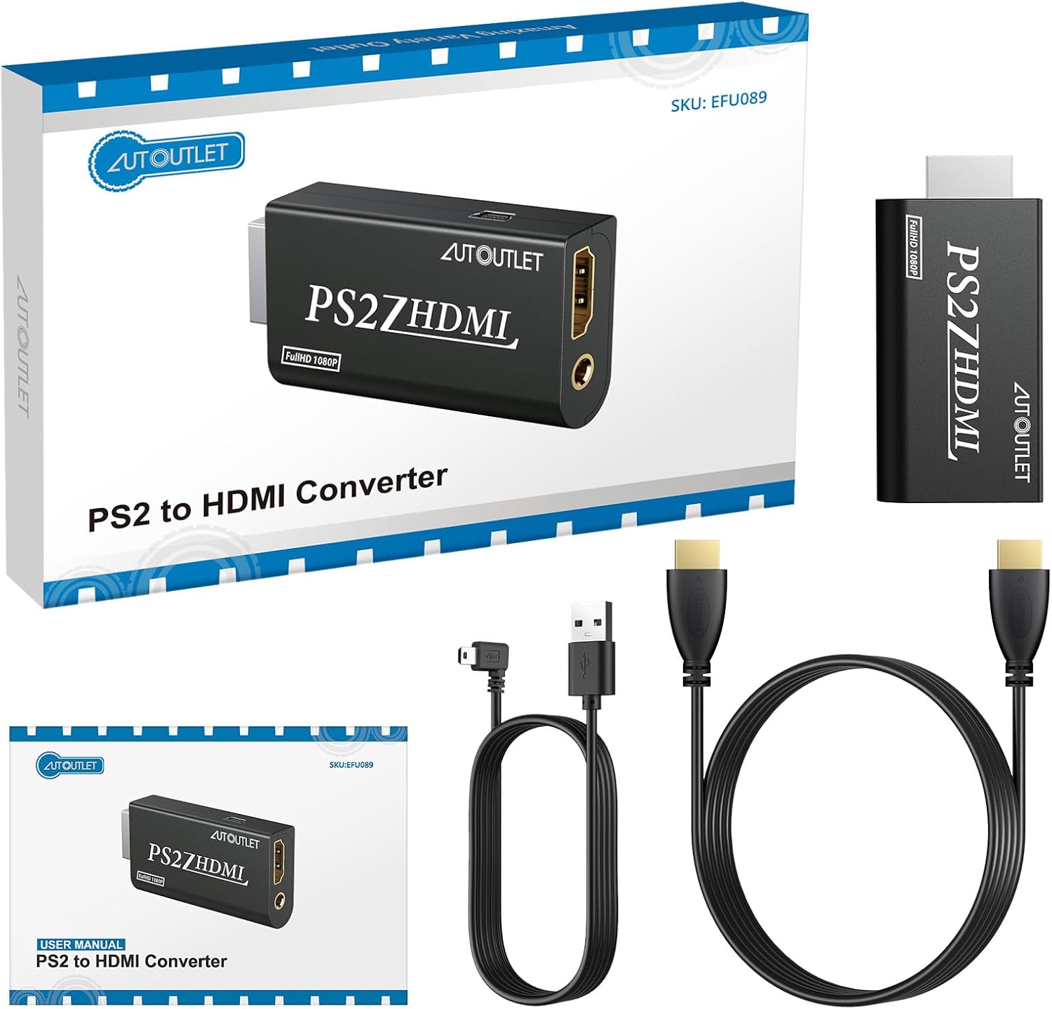 AUTOUTLET PS2 zu HDMI Konverter, PS2 zu HDMI Adapter Konverter PS2 auf HDMI Konverter mit 3,5 mm Kopfhörer Audio Buchse und 1,5m HDMI Kabel, für PS2 HDTV HDMI Monitor