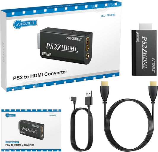 AUTOUTLET PS2 zu HDMI Konverter, PS2 zu HDMI Adapter Konverter PS2 auf HDMI Konverter mit 3,5 mm Kopfhörer Audio Buchse und 1,5m HDMI Kabel, für PS2 HDTV HDMI Monitor