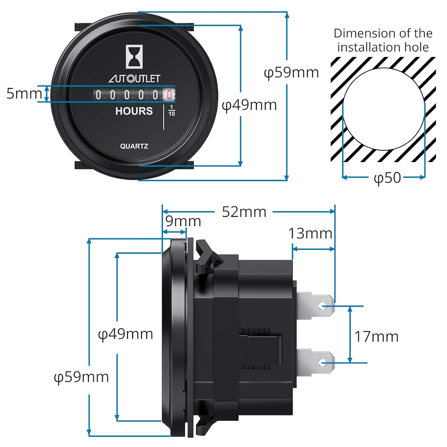 AUTOUTLET Quartz Hour Meter 2" Round Gauge Waterproof Industrial Timer DC 12V 24V 36V 48V 72V 99,999.9 Hours, 0.01 Quartz for Marine Boat Engine