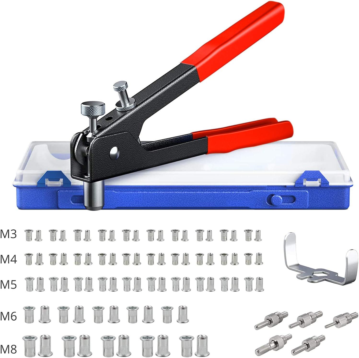 Nietzange Set, AUTOUTLET 86 Stück Nietmutternzange Set Gewindeeinsatz Nietpistolen Werkzeug, mit M3 M4 M5 M6 M8 Dorne und 80PCS Nietmuttern, 10" Nietzange Gewinde Blindnietzange vernieten Kit-Rot