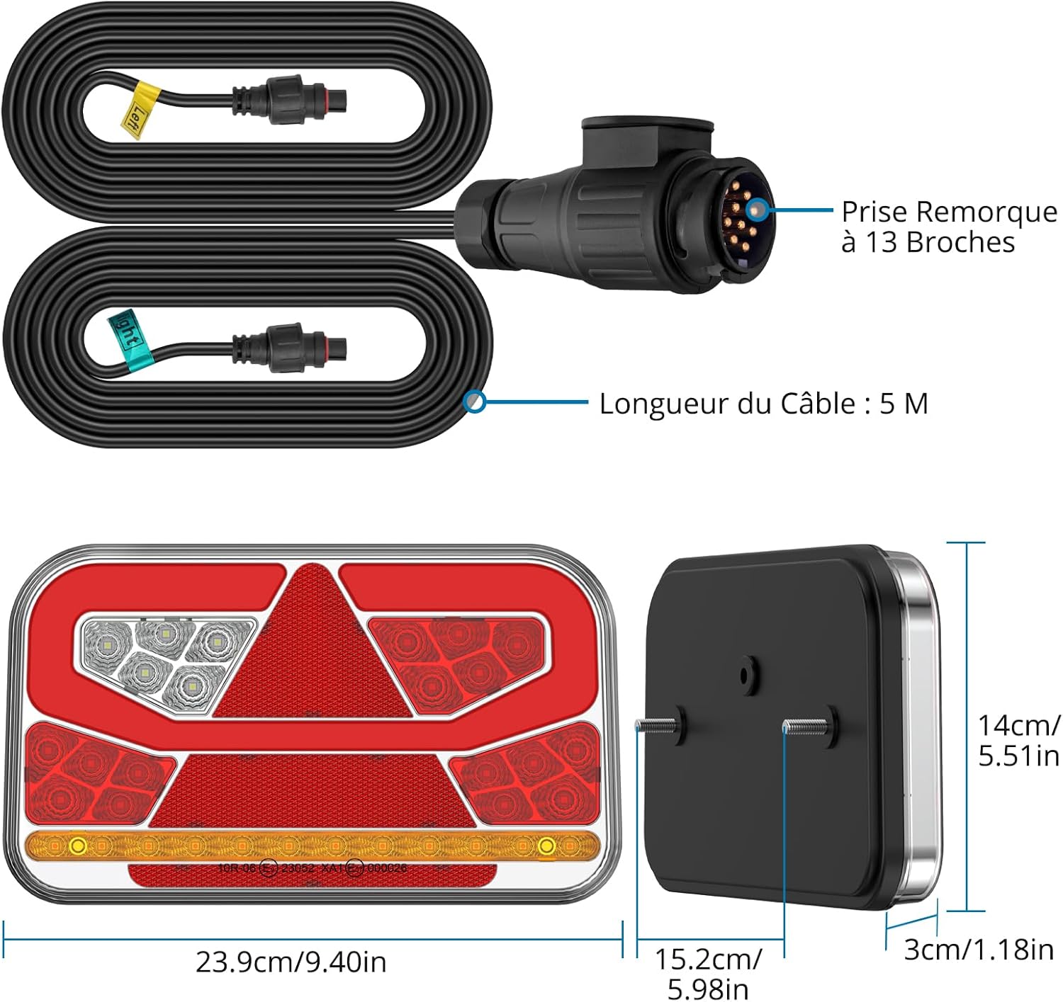 AUTOUTLET Lot de 60 feux arrière de remorque - Éclairage LED 13 broches - Câble amovible de 5 m et 5 fonctions - Éclairage de remorque de voiture et camion - Certifié E11 (pas d'éclairage de plaque
