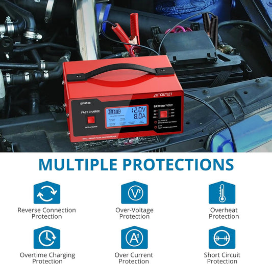 AUTOUTLET Upgraded 8 Volt Battery Charger for Golf Cart Automotive Battery Charger and Maintainer 0-10A with Cable Clamps for 6/8/12/14/16/24V Lead-Acid Batteries