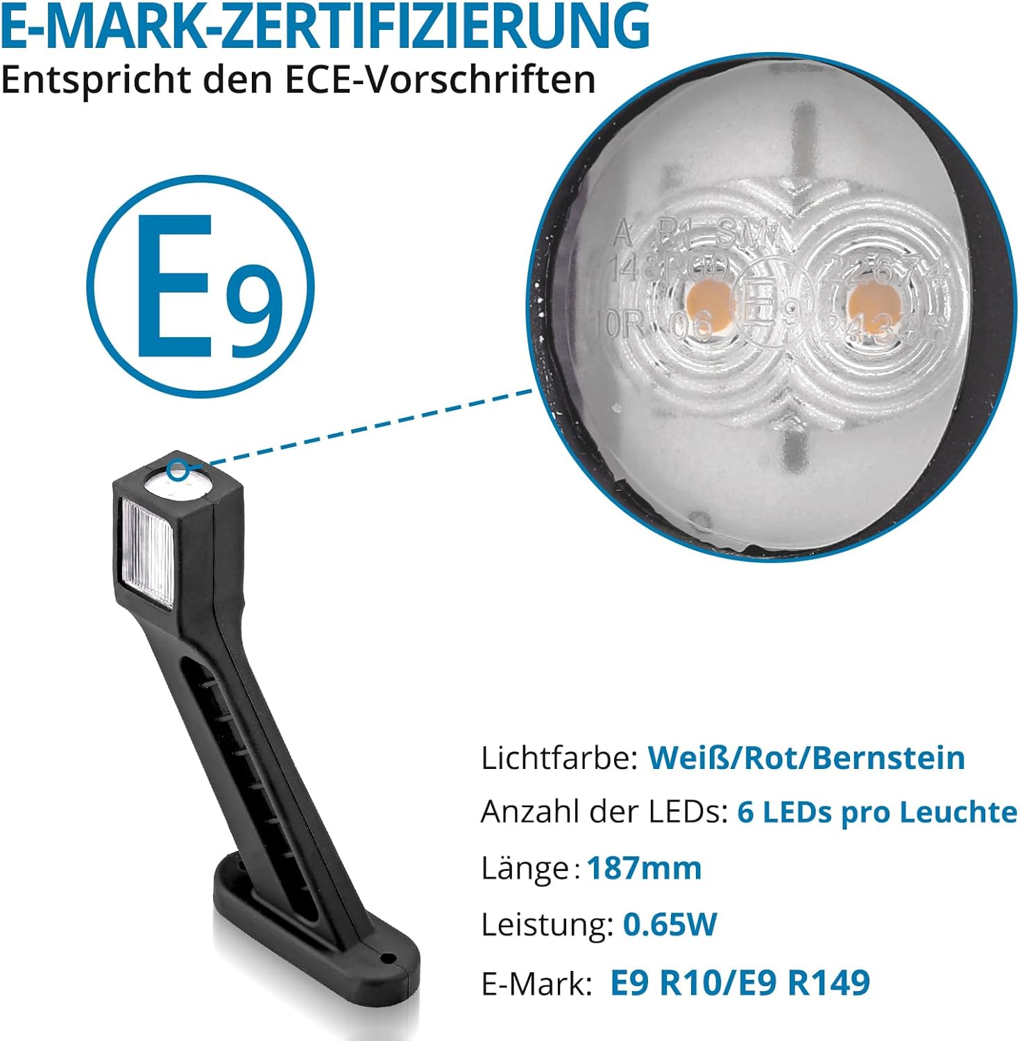 AUTOUTLET LED Begrenzungsleuchten Anhänger, 2PCS Positionsleuchten 10-30V Wasserdicht, Seitenleuchten mit Dual-E9-Mark & Gummistiel Basis, Positionsleuchte Seitenmarkierungsleuchten für LKW PKW(187mm)
