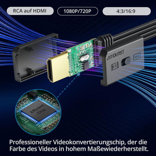 AUTOUTLET Scart auf HDMI Konverter, 1080P Scart auf HDMI Adapter unterstützt 16:9/4:3 Konvertierung, PAL/NTSC, Scart to HDMI mit 150cm Männlich-Scart-Kabel, Scart HDMI Adapter für HDTV VCR VHS DVD
