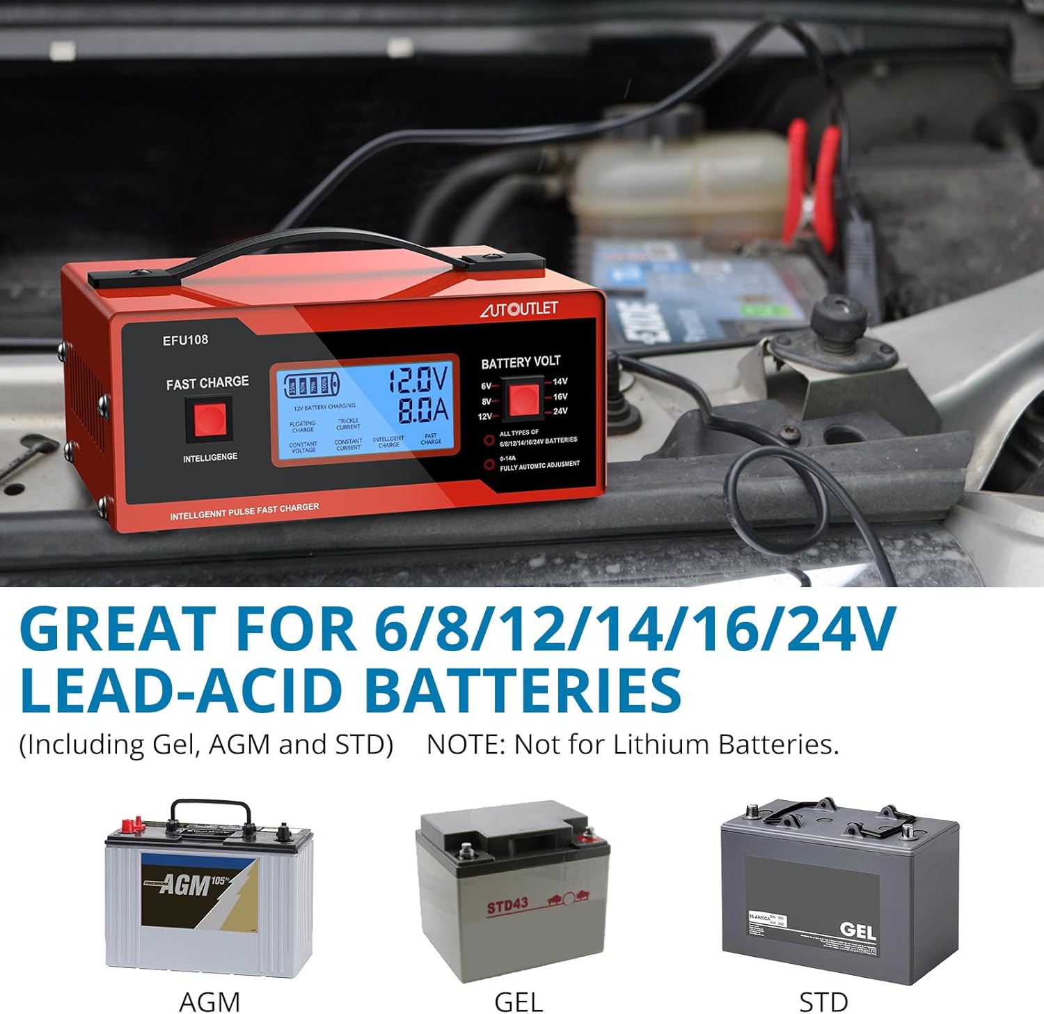 AUTOUTLET Upgraded 8 Volt Battery Charger for Golf Cart Automotive Battery Charger and Maintainer 0-10A with Cable Clamps for 6/8/12/14/16/24V Lead-Acid Batteries