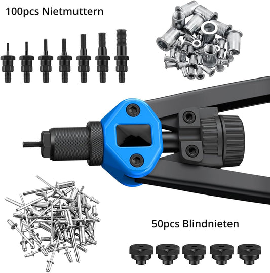 AUTOUTLET 13 Inch 2 in 1 Riveter Kit for Blind Rivets with 110 Nuts M3-M12 and 50 Blind Rivets (3.2-6.4 mm), Professional Manual Riveter