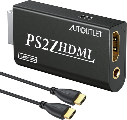 AUTOUTLET PS2 zu HDMI Konverter, PS2 zu HDMI Adapter Konverter PS2 auf HDMI Konverter mit 3,5 mm Kopfhörer Audio Buchse und 1,5m HDMI Kabel, für PS2 HDTV HDMI Monitor