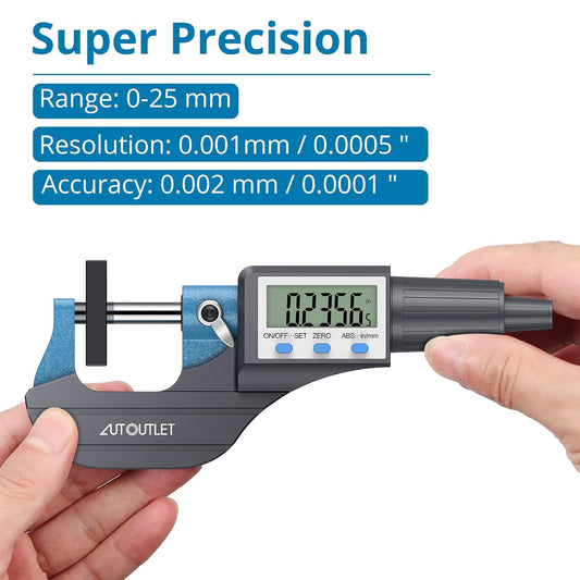AUTOUTLET Micrometer Digitale Bügelmessschraube 0-25mm/ 0.001mm, Hohe Präzision LCD Digitale Mikrometer Mikrometerschieber Länge Messwerkzeug Mikrometer 0.001mm(0.00005")