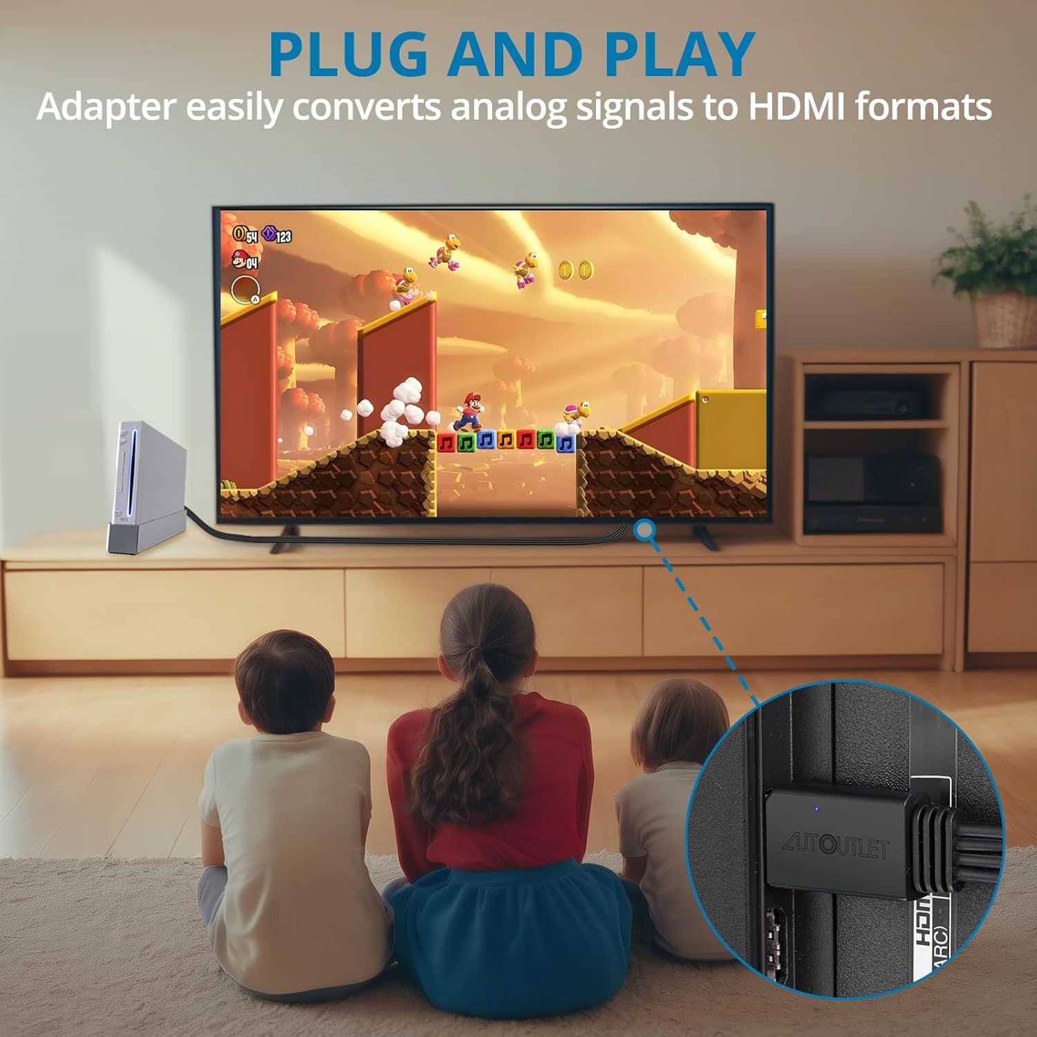 AUTOUTLET Wii to HDMI Converter 1080P 5ft/150 cm for Full HD Device, Adapter with HDMI Male Cable Output Compatible with Nintendo Wii, Wii U, HDTV, Monitor-Supports All Wii Display Modes