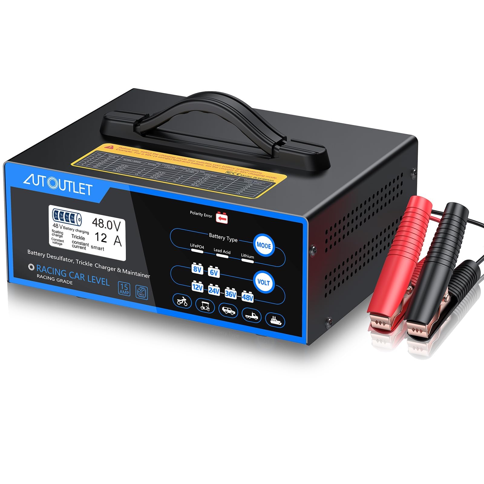 AUTOUTLET 0-12A Automotive Battery Charger for 6V/8V/12V/24V/36V/48V
