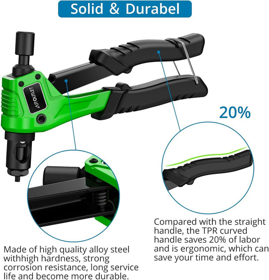 AUTOUTLET Nietmutternzange Set, Profi Hand Nietzange mit M3 M4 M5 M6 Dorne und 100pcs Nieten, 8" Mini Nietmutternpistole Nietmaschine mit Werkzeugbox, Hand Riveter Rivet Gun Riveting Tools(Grün)