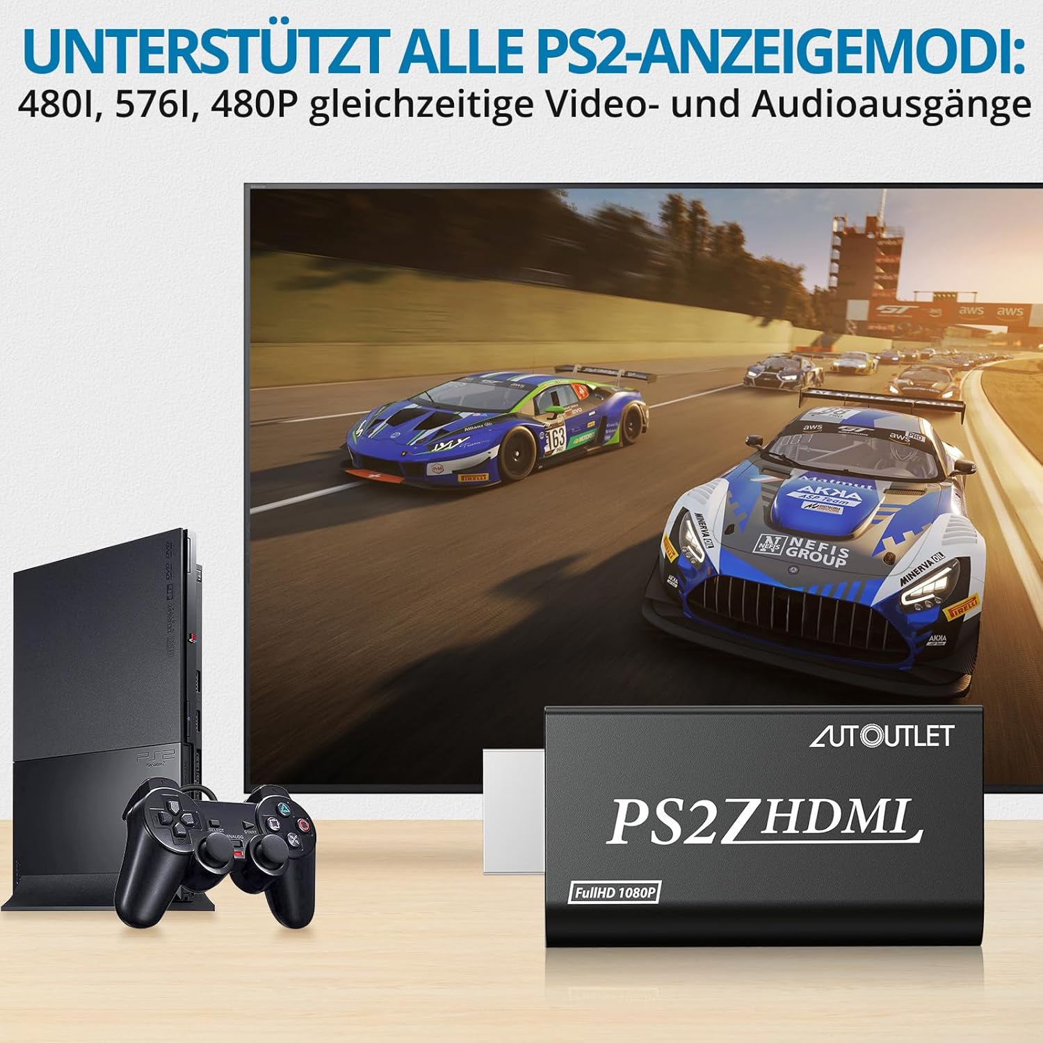 AUTOUTLET PS2 zu HDMI Konverter, PS2 zu HDMI Adapter Konverter PS2 auf HDMI Konverter mit 3,5 mm Kopfhörer Audio Buchse und 1,5m HDMI Kabel, für PS2 HDTV HDMI Monitor