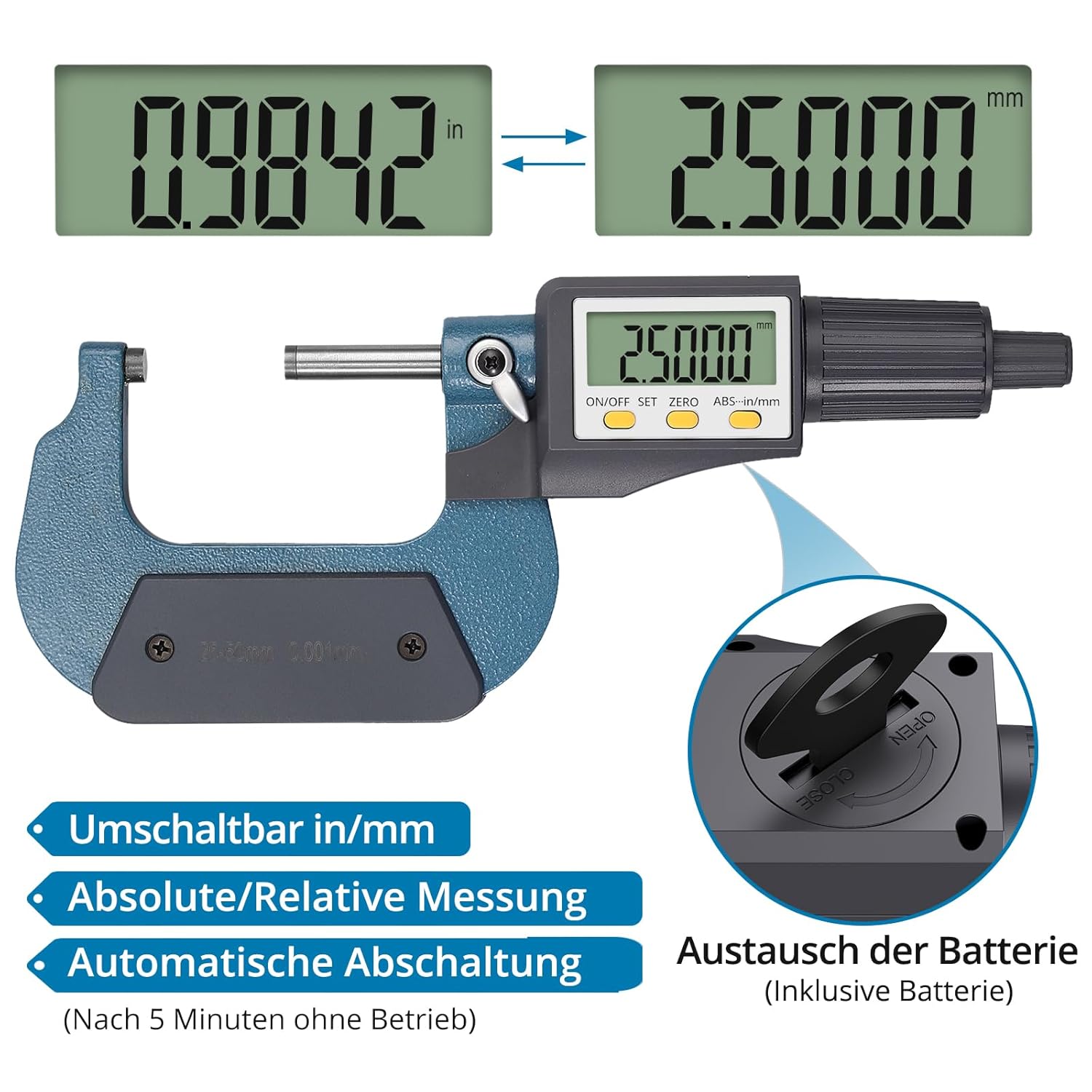 AUTOUTLET Micrometer Digitale Bügelmessschraube 25-50mm/ 0.001mm, Hohe Präzision LCD Digitale Mikrometer Mikrometerschieber Länge Messwerkzeug Mikrometer 0.001mm(0.00005")