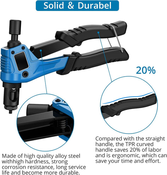 AUTOUTLET Nietmutternzange Set, Profi Hand Nietzange mit M3 M4 M5 M6 Dorne und 100pcs Nieten, 8" Mini Nietmutternpistole Nietmaschine mit Werkzeugbox, Hand Riveter Rivet Gun Riveting Tools-blau