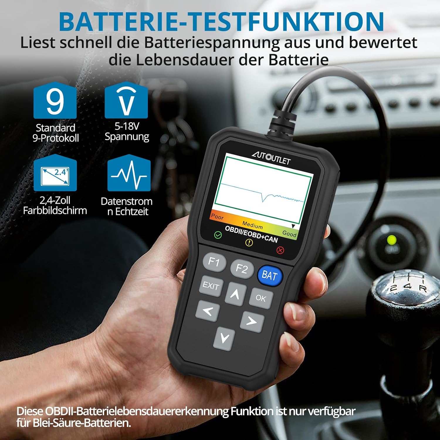 AUTOUTLET OBD2 Diagnosegerät, Unterstützt QR-Code-Scans & One Touch Batterietest-Taste, OBD EOBD Auto Diagnosegerät mit DTC-Definition, 10 Modi & 13 Sprachen, Farbbildschirm, Auto Motor Auslesegerät