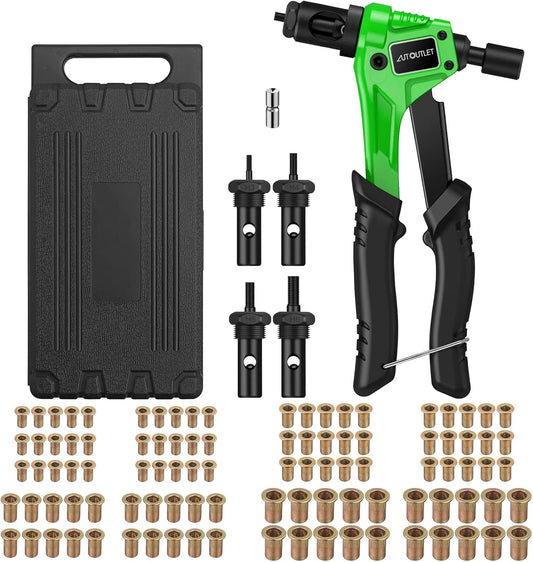 AUTOUTLET Nietmutternzange Set, Profi Hand Nietzange mit M3 M4 M5 M6 Dorne und 100pcs Nieten, 8" Mini Nietmutternpistole Nietmaschine mit Werkzeugbox, Hand Riveter Rivet Gun Riveting Tools(Grün)