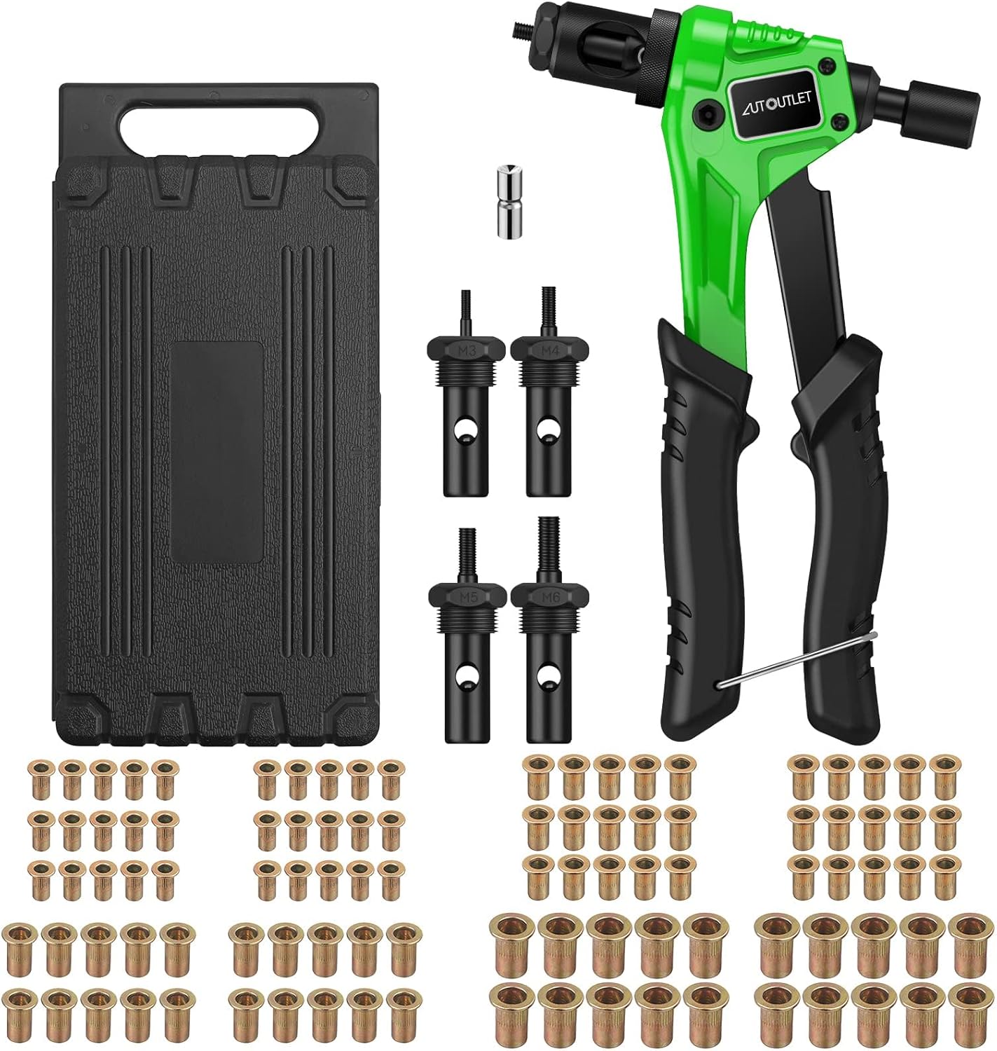 AUTOUTLET Nietmutternzange Set, Profi Hand Nietzange mit M3 M4 M5 M6 Dorne und 100pcs Nieten, 8" Mini Nietmutternpistole Nietmaschine mit Werkzeugbox, Hand Riveter Rivet Gun Riveting Tools-gelb