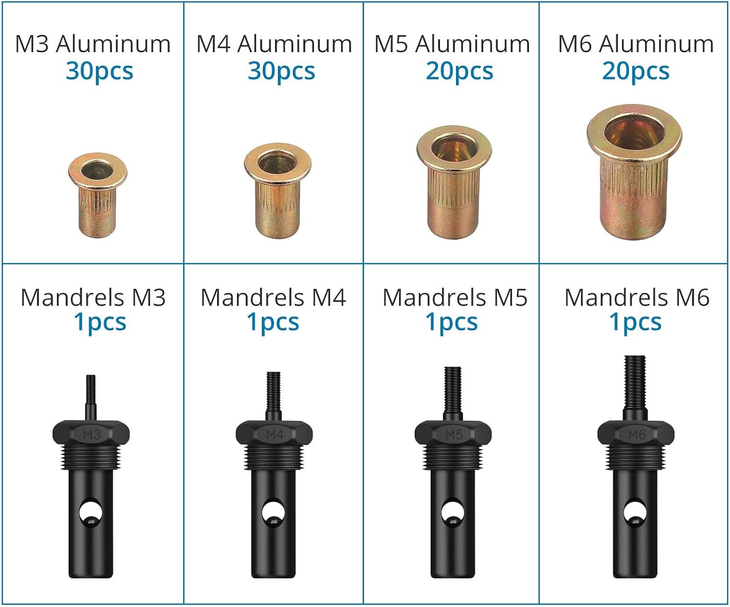 AUTOUTLET Nietmutternzange Set, Profi Hand Nietzange mit M3 M4 M5 M6 Dorne und 100pcs Nieten, 8" Mini Nietmutternpistole Nietmaschine mit Werkzeugbox, Hand Riveter Rivet Gun Riveting Tools-gelb